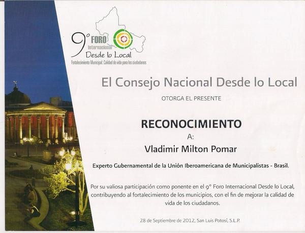 Certificado de reconhecimento entregue a Vladimir Milton Pomar no 9º Foro Internacional Desde lo Local